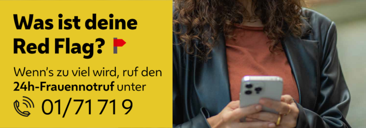 Kampagnen-Sujet mit der Nummer des 24h-Frauennotrufs für von digitaler Gewalt betroffene Frauen.
