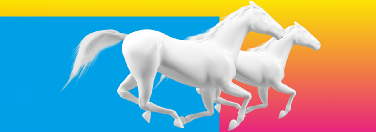 Horses in front of a colourful background